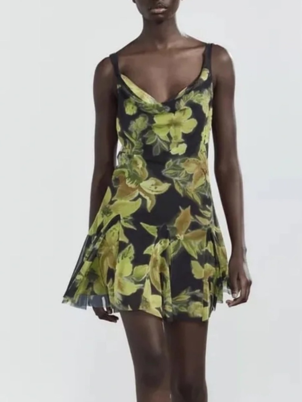 Zara Black Mini Dress with Lime Green Floral Print